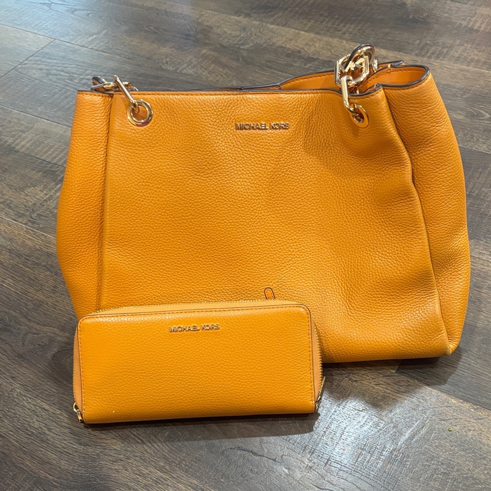 Michael Kors Orange Pebbled Leather Tote with Wallet